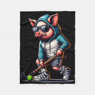 Field Hockey Pig In Hoodie With Sungles Stick  Fleece Blanket