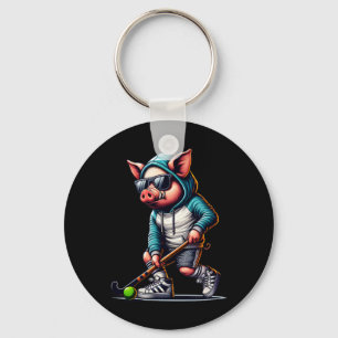 Field Hockey Pig In Hoodie With Sungles Stick Key Ring
