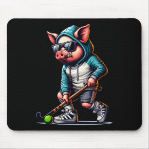 Field Hockey Pig In Hoodie With Sungles Stick Mouse Pad