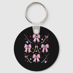 Field Hockey Stick Girl Coquette Bow Pink Mom Key Ring