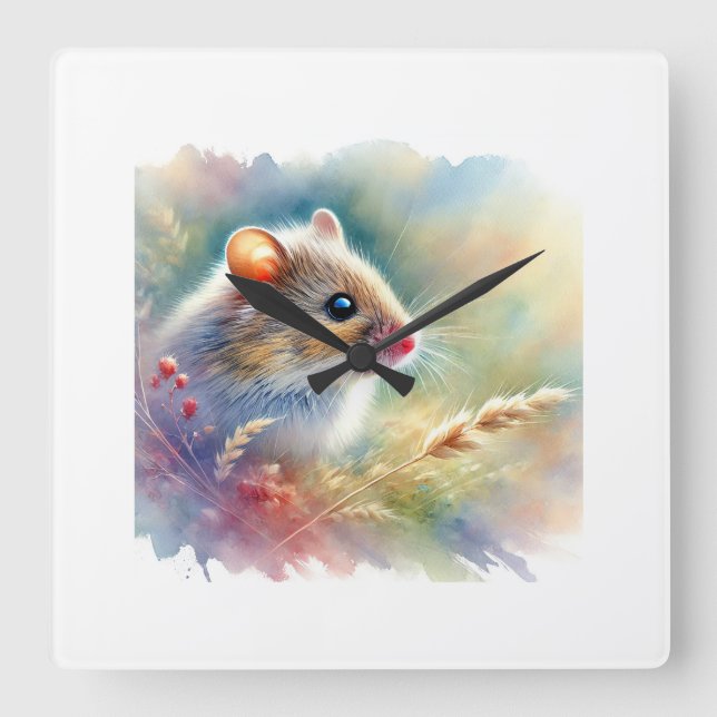 Field Mouse 031124AREF129 - Watercolor Square Wall Clock (Front)