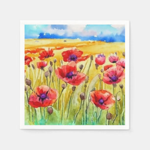 field of bright scarlet poppies watercolor napkin