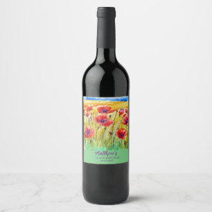 field of bright scarlet poppies watercolor wine label