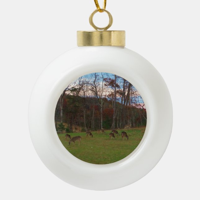 Field of Deer & a Pink SunSet Ceramic Ball Christmas Ornament (Front)