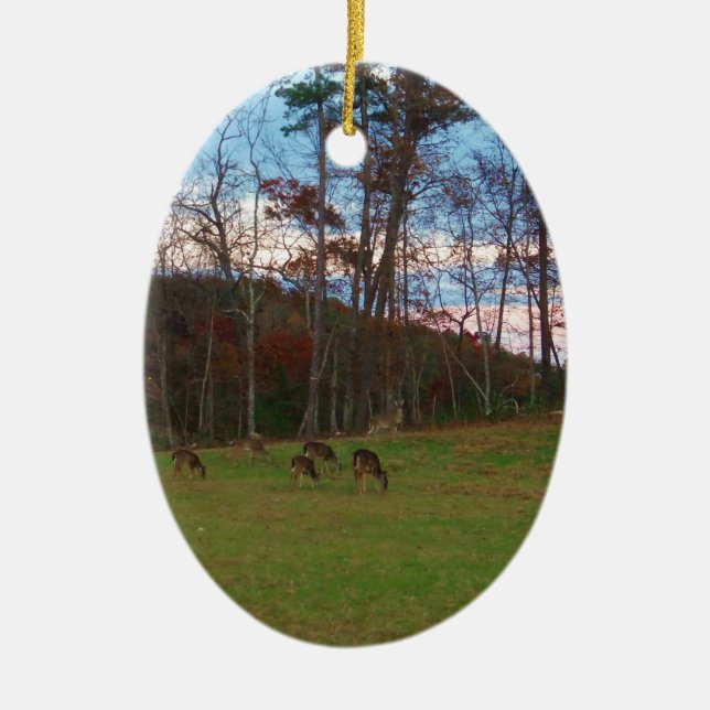 Field of Deer & a Pink SunSet Ceramic Ornament (Front)