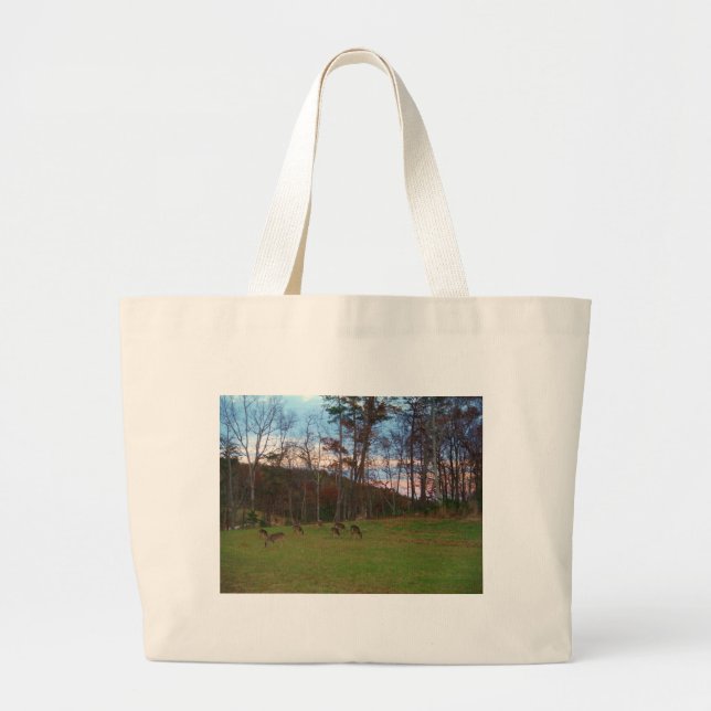 Field of Deer & a Pink SunSet Large Tote Bag (Front)