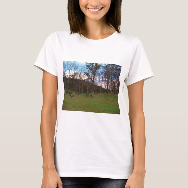 Field of Deer & a Pink SunSet T-Shirt (Front)