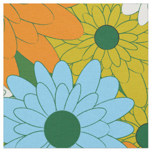 Field of Flowers Green Retro Print Fabric