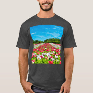 Field Of Flowers Red And White Flower Landscape Fl T-Shirt