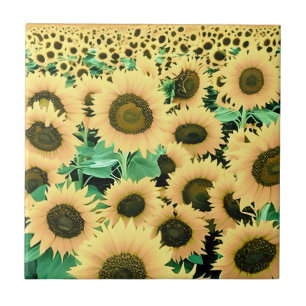Field of Golden Yellow Sunflowers Ceramic Tile