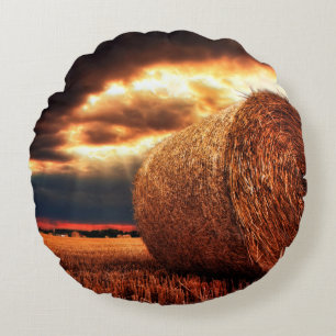 Field of Hay Bales Round Cushion