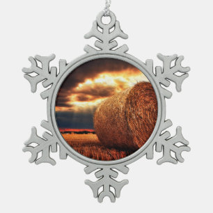 Field of Hay Bales Snowflake Pewter Christmas Ornament