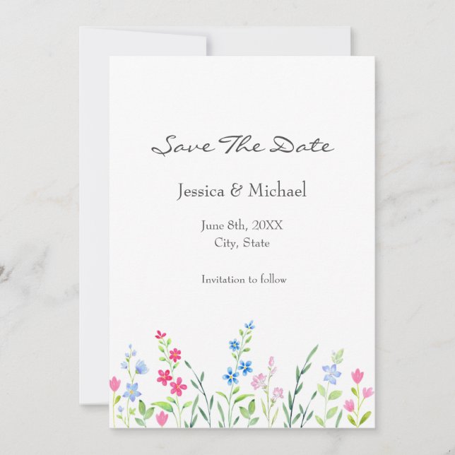 Field of Mixed Watercolor Wildflowers Save The Date (Front)
