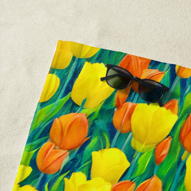 Field of Orange and Yellow Tulips Beach Towel (In Situ)
