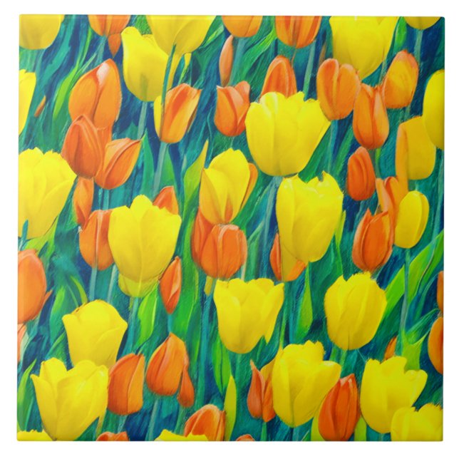 Field of Orange and Yellow Tulips Ceramic Tile (Front)
