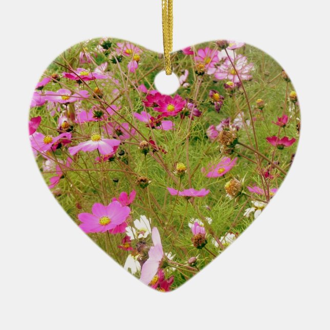 Field Of Pink Flowers Ceramic Ornament (Front)