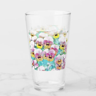 Field of pink, yellow and white pansies glass