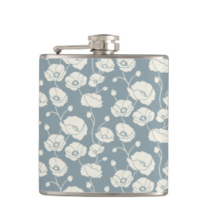 Field of Poppies cream on blue Hip Flask