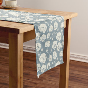 Field of Poppies cream on blue Short Table Runner