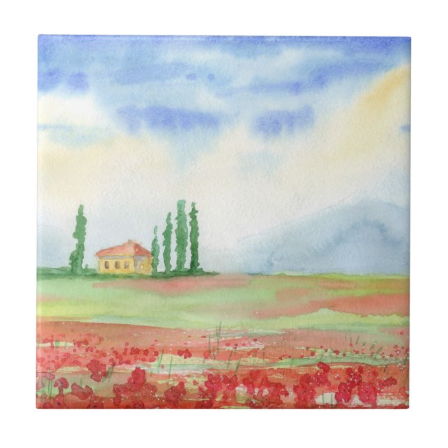 Field of poppies in Tuscany Ceramic Tile (Front)