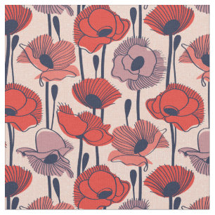 Field of poppies // modern line contour wildflower fabric