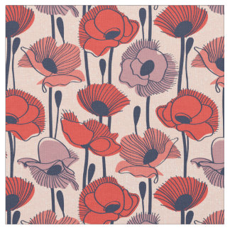 Field of poppies // modern line contour wildflower fabric