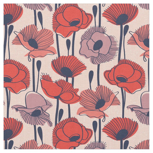 Field of poppies // modern line contour wildflower fabric (Close Up)