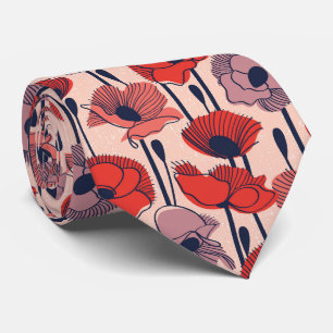Field of poppies // modern line contour wildflower tie