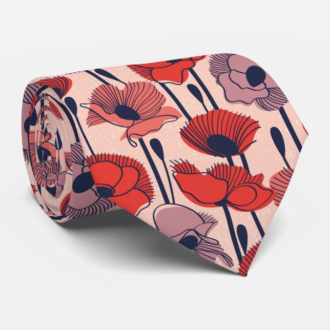 Field of poppies // modern line contour wildflower tie (Rolled)