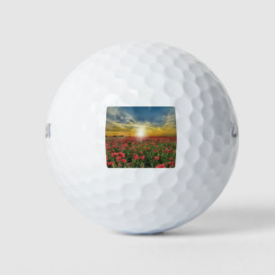 Field Of Red Flowers At Sunset Golf Balls
