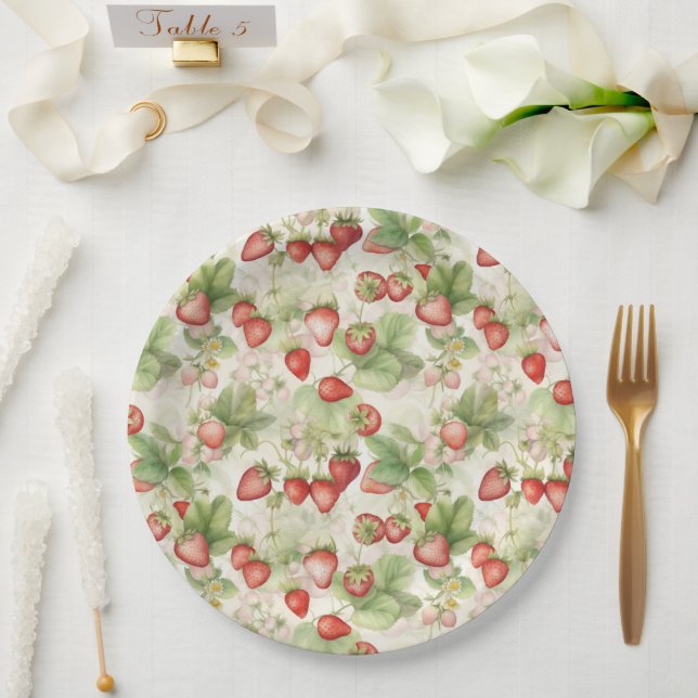 field of ripe, red strawberries paper plate (Wedding)