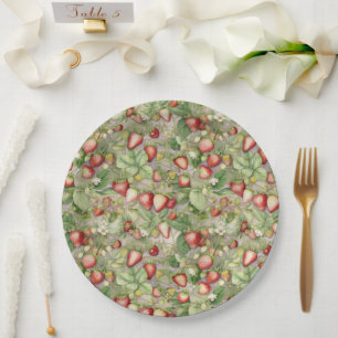 field of ripe, red strawberries paper plate