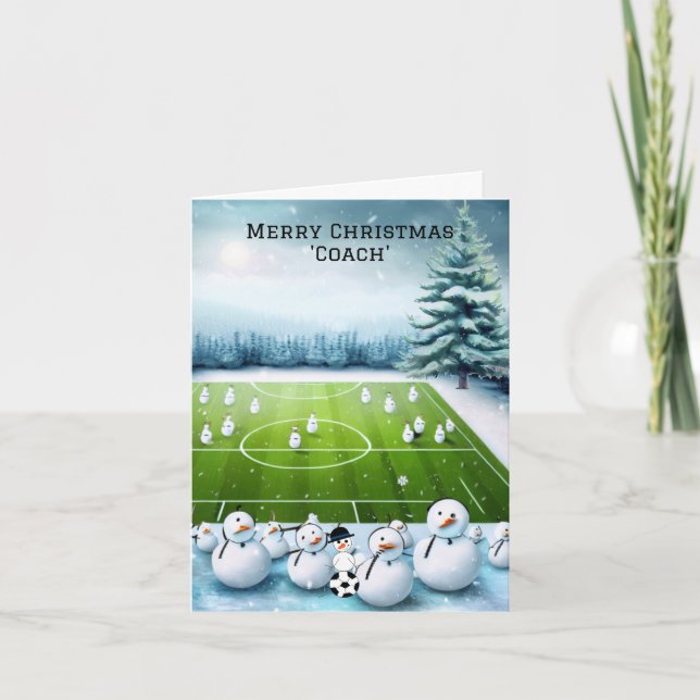 Field of Snowman Soccer Coach Holiday Card (Front)