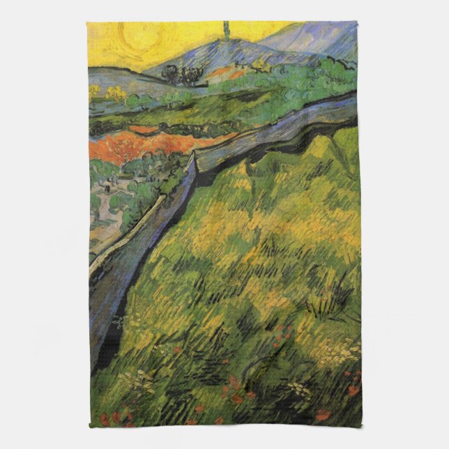 Field of Spring Wheat, Sunrise by Vincent van Gogh Tea Towel (Vertical)