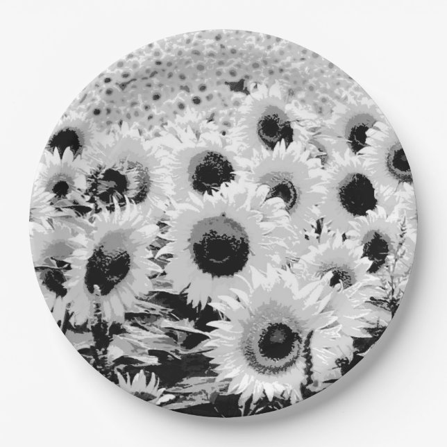 Field of Sunflowers - black, white and grey Paper Plate (Front)