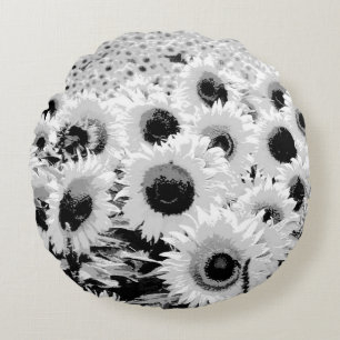Field of Sunflowers - black, white and grey Round Cushion