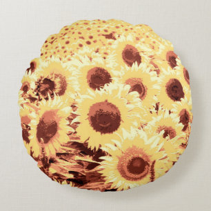 Field of Sunflowers - brown, gold and yellow Round Cushion