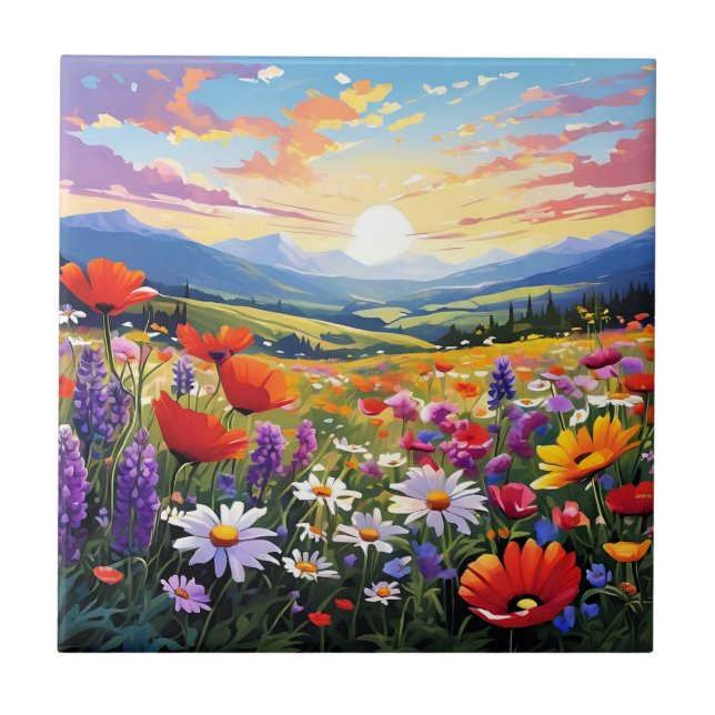 Field of Wildflowers with Rolling Hills Ceramic Tile (Front)