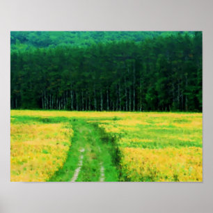 Field Of Yellow Flowers Pine Trees Nature Painting Poster