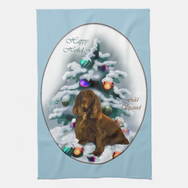 Field Spaniel Christmas Tea Towel (Vertical)