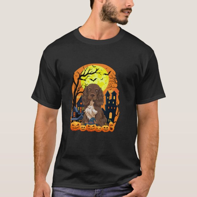 Field Spaniel Dog With Pumpkins Funny Scary Hallow T-Shirt (Front)