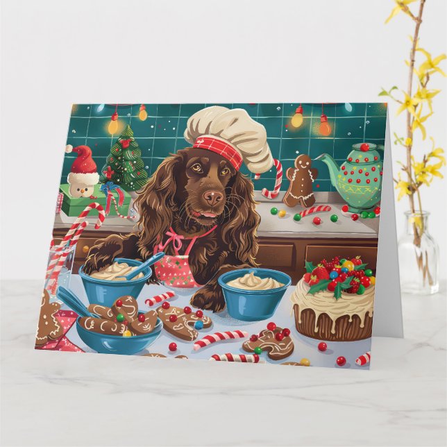 Field Spaniel Holiday Baking: Festive Christmas Card (Yellow Flower)