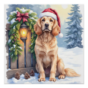 Field Spaniel Snowy Fence Santa Hat Christmas Art Poster