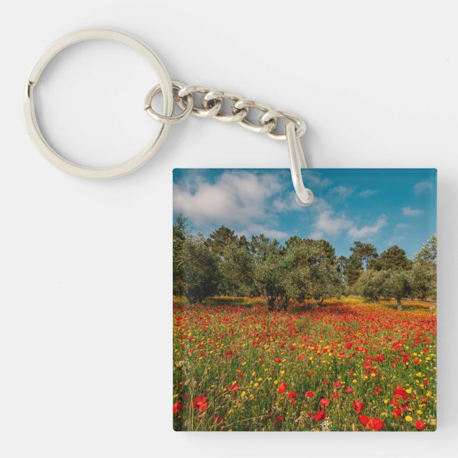 field with flowers and trees key ring (Front)