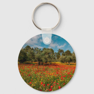 field with flowers and trees key ring