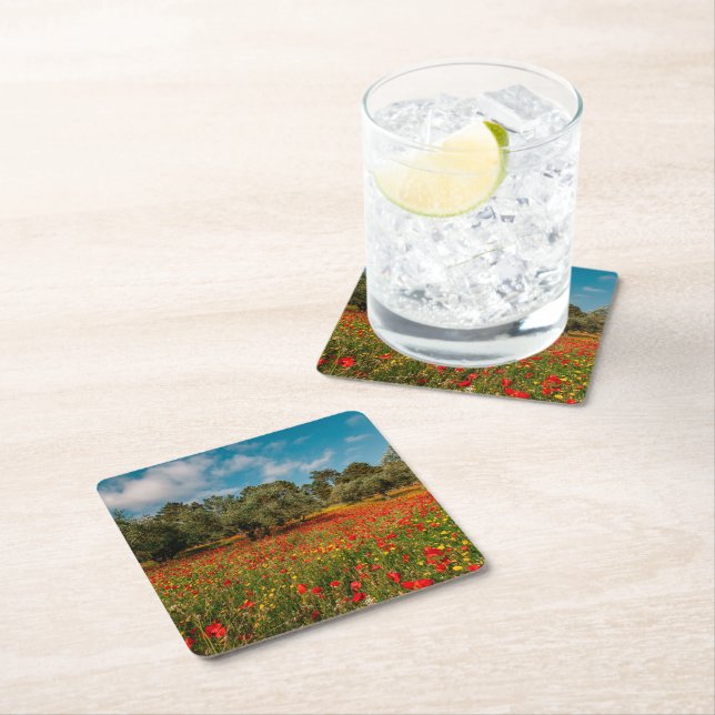 field with flowers and trees square paper coaster (Insitu)
