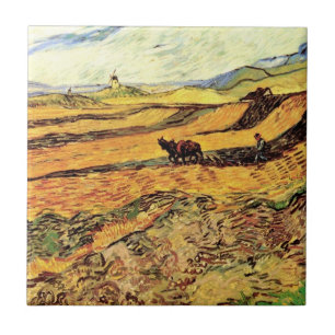 Field with Ploughman and Mill by Vincent van Gogh Ceramic Tile