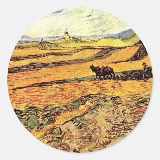 Field with Ploughman and Mill by Vincent van Gogh Classic Round Sticker (Front)