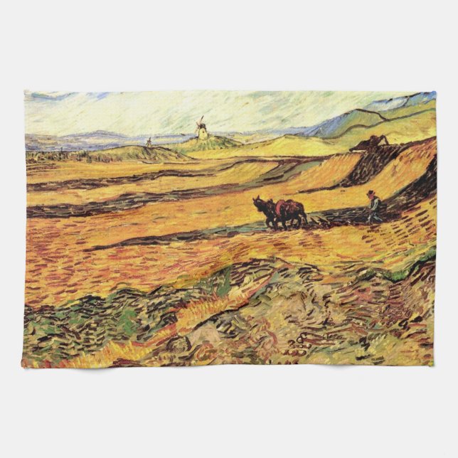 Field with Ploughman and Mill by Vincent van Gogh Tea Towel (Horizontal)