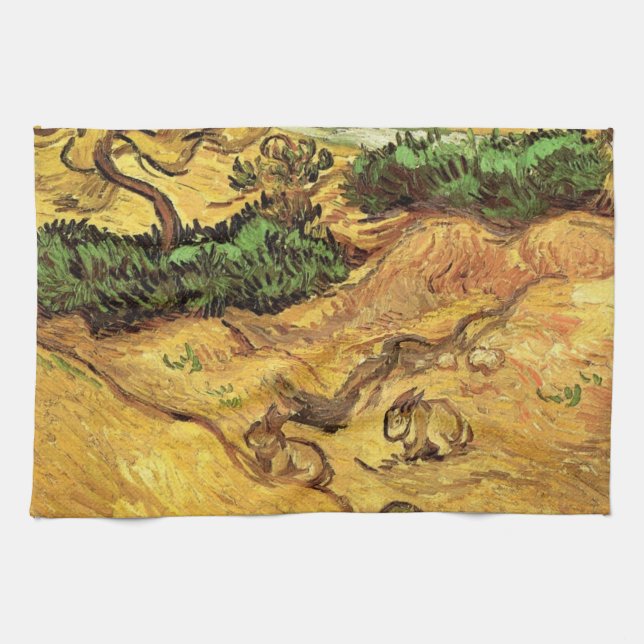 Field with Two Rabbits by Vincent van Gogh Tea Towel (Horizontal)